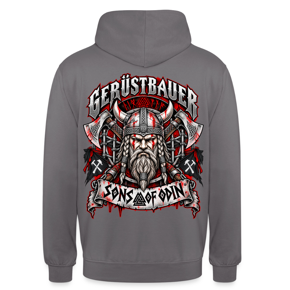 Gerüstbauer Viking – Gerüstbauer Hoodie in Mittelgrau, Rückendruck: Wikinger-Krieger mit Hörnerhelm und Äxten, Banner „Sons of Odin“