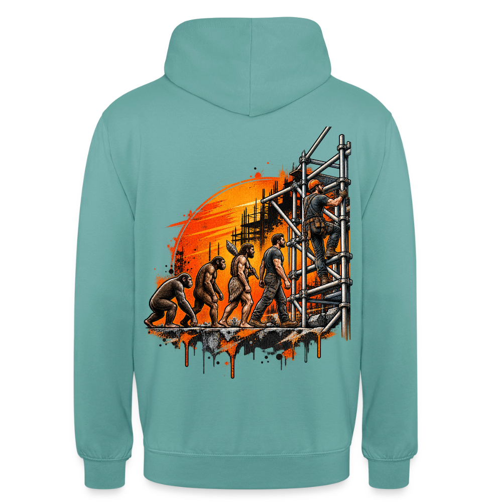 Gerüstbauer Evolution – Gerüstbauer Hoodie in Pastelltürkis, Rückendruck: Evolution vom Affen zum Gerüstbauer, der das Gerüst hochklettert, vor orangem Sonnenuntergang