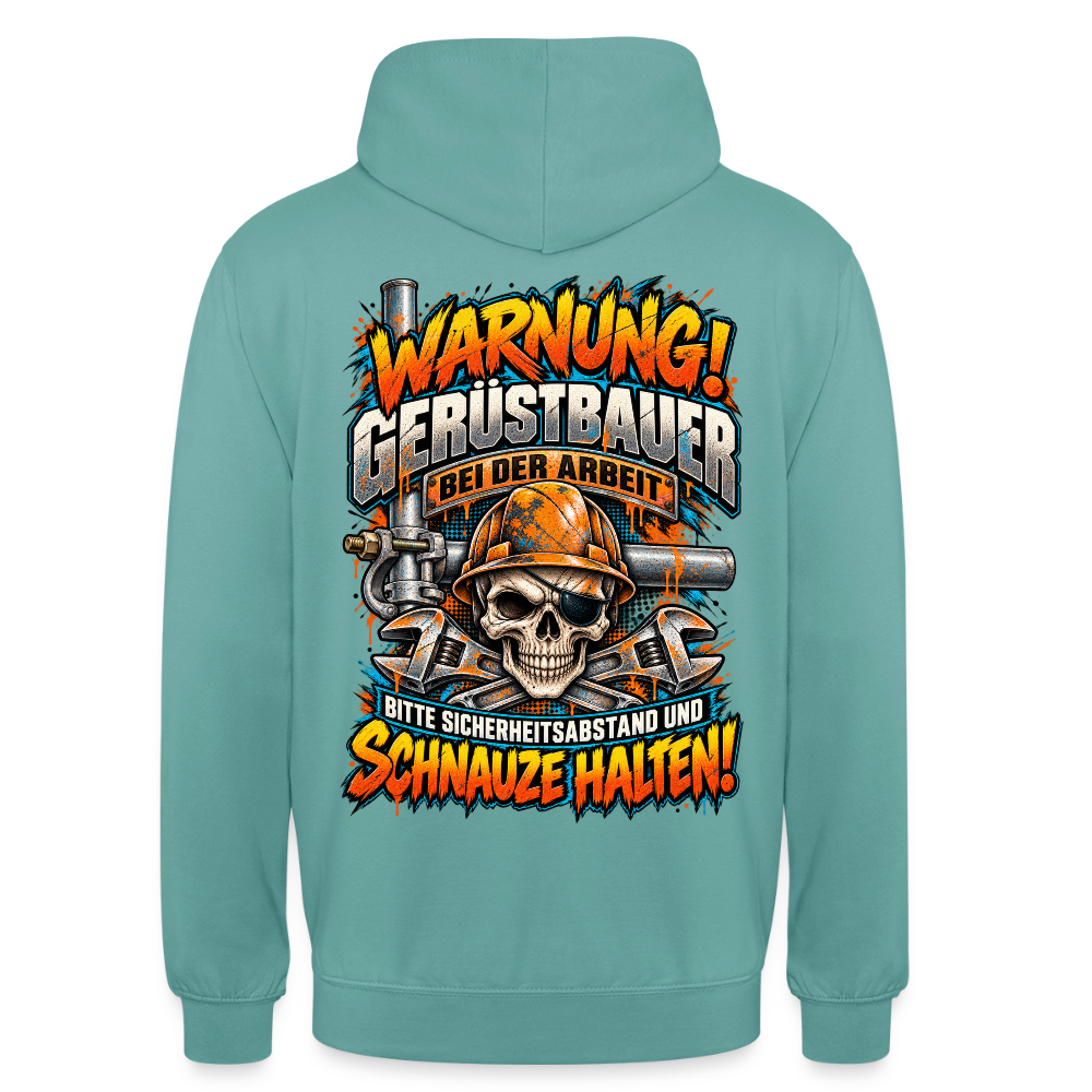 Warnung! Gerüstbauer bei der Arbeit – Gerüstbauer Hoodie in Pastelltürkis, Rückendruck: Totenkopf mit Augenklappe und Helm, Spruch „Warnung! Gerüstbauer bei der Arbeit – bitte Sicherheitsabstand und Schnauze halten!“