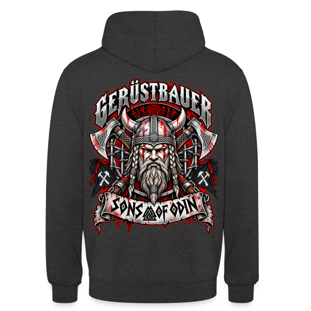 Gerüstbauer Viking – Gerüstbauer Hoodie in Anthrazit, Rückendruck: Wikinger-Krieger mit Hörnerhelm und Äxten, Banner „Sons of Odin“