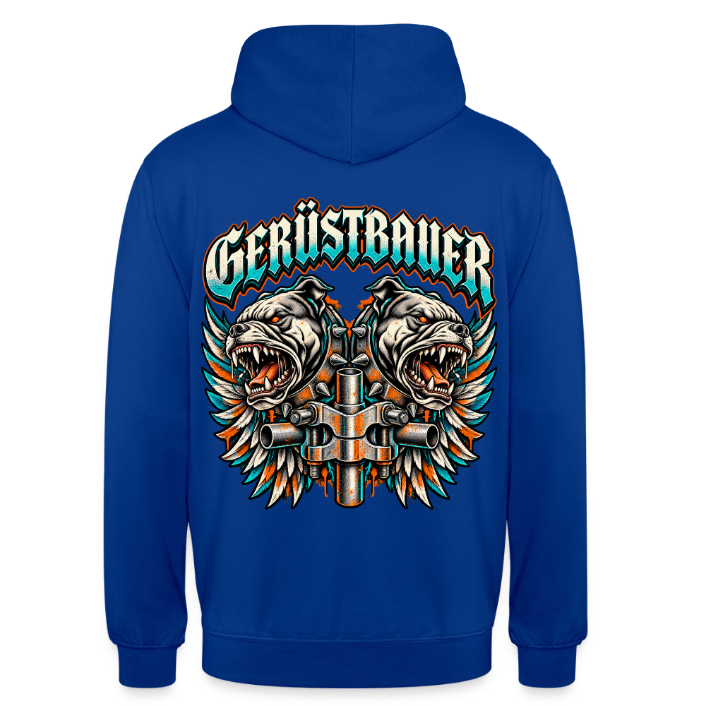 Gerüstbauer Dogs – Gerüstbauer Hoodie in Royalblau, Rückendruck: zwei knurrende Bulldoggen mit Flügeln und Gerüstkupplung, Schriftzug „Gerüstbauer“