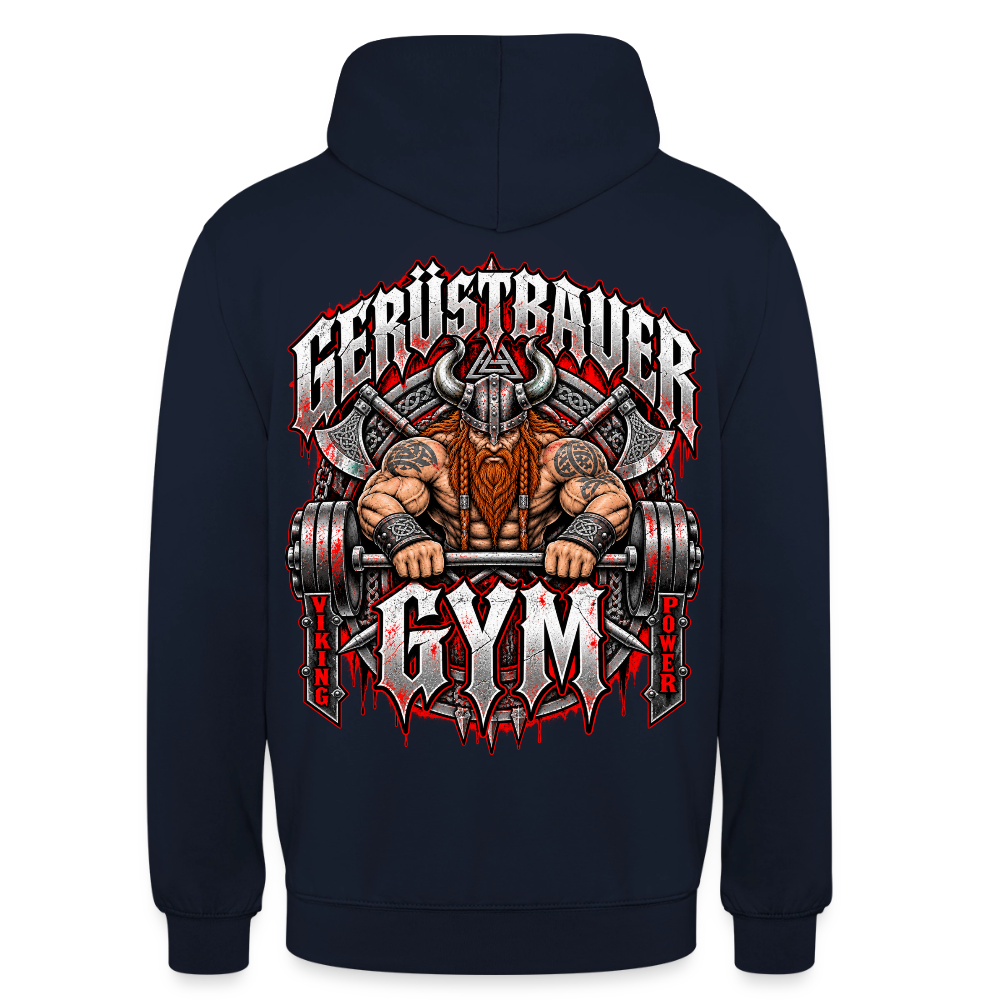 Gerüstbauer GYM – Gerüstbauer Hoodie in Navy, Rückendruck: muskulöser Wikinger beim Hantelheben, Schriftzug „Gerüstbauer GYM – Viking Power“