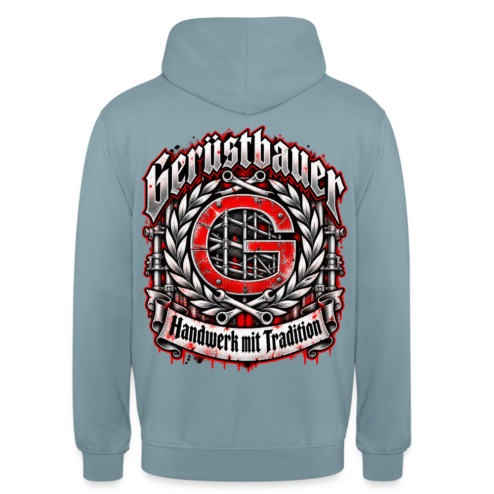Gerüstbauer Zunft Wappen – Gerüstbauer Hoodie in Nebelblau, Rückendruck: rotes G-Zunftwappen mit Gerüst im Lorbeerkranz, Frakturschrift „Gerüstbauer“, Banner „Handwerk mit Tradition“