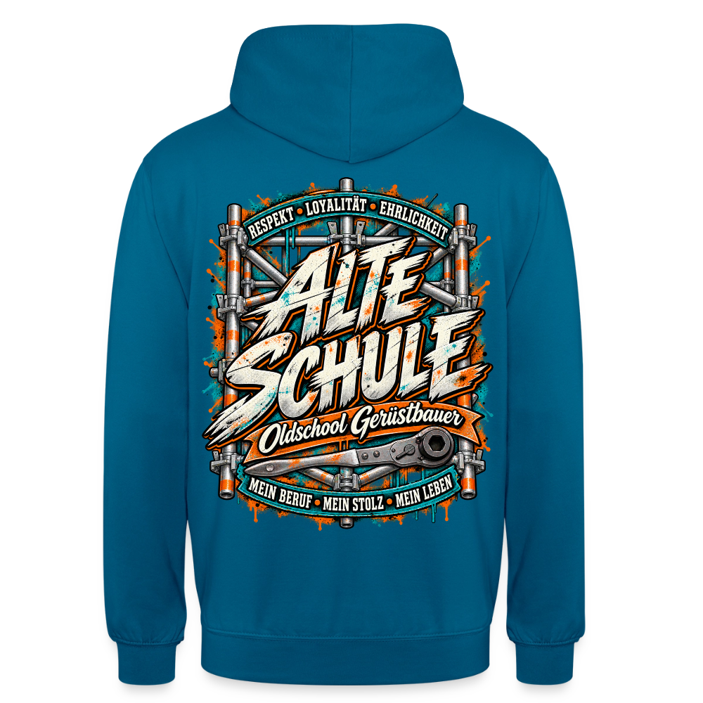 Gerüstbauer Alte Schule – Gerüstbauer Hoodie in Tiefseeblau, Rückendruck: „Alte Schule – Oldschool Gerüstbauer“ mit Ratsche, „Respekt · Loyalität · Ehrlichkeit“