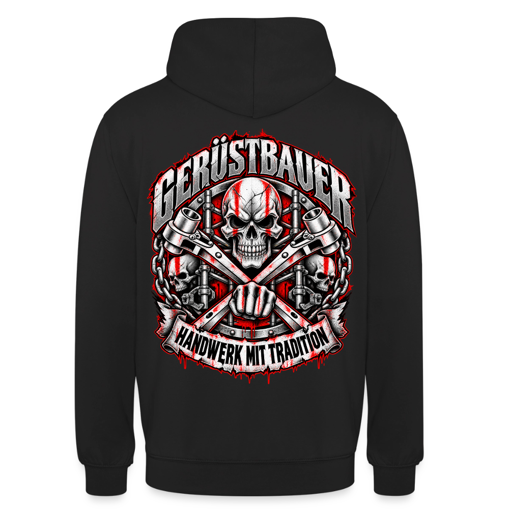 Gerüstbauer Schädel – Gerüstbauer Hoodie in Schwarz, Rückendruck: Totenkopf über gekreuzten Ratschen, Faust, Ketten und Banner „Handwerk mit Tradition“