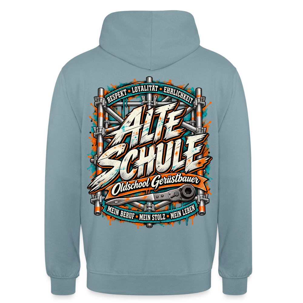 Gerüstbauer Alte Schule – Gerüstbauer Hoodie in Nebelblau, Rückendruck: „Alte Schule – Oldschool Gerüstbauer“ mit Ratsche, „Respekt · Loyalität · Ehrlichkeit“