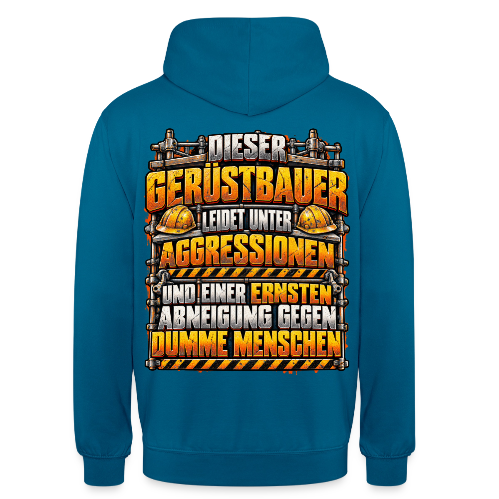 Dieser Gerüstbauer – Gerüstbauer Hoodie in Tiefseeblau, Rückendruck: Spruch „Dieser Gerüstbauer leidet unter Aggressionen und einer ernsten Abneigung gegen dumme Menschen“ mit Helmen und Warnstreifen