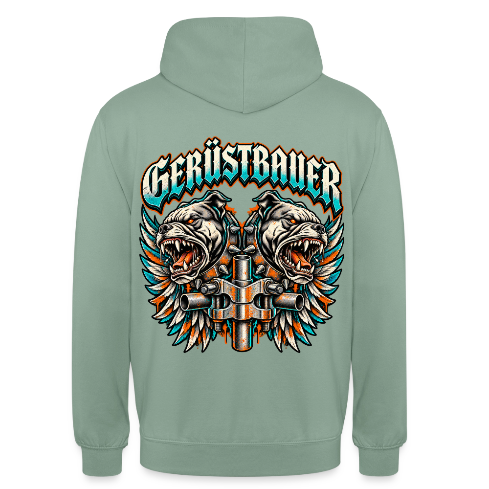 Gerüstbauer Dogs – Gerüstbauer Hoodie in Graugrün, Rückendruck: zwei knurrende Bulldoggen mit Flügeln und Gerüstkupplung, Schriftzug „Gerüstbauer“