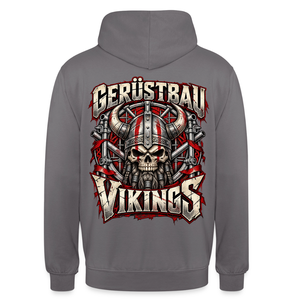 Gerüstbau Vikings – Gerüstbauer Hoodie in Mittelgrau, Rückendruck: Wikinger-Totenkopf mit Hörnerhelm vor Gerüst, Schriftzug „Gerüstbau Vikings“