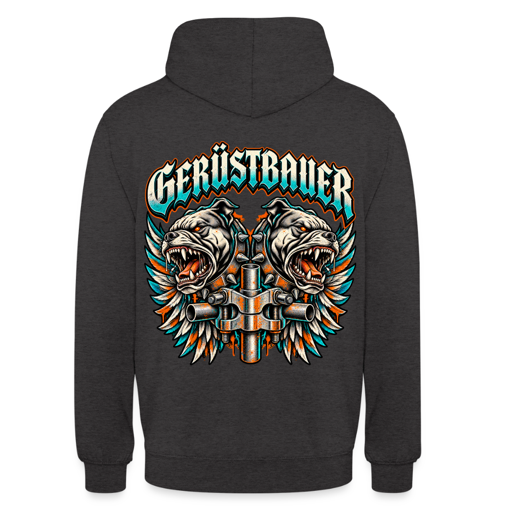 Gerüstbauer Dogs – Gerüstbauer Hoodie in Anthrazit, Rückendruck: zwei knurrende Bulldoggen mit Flügeln und Gerüstkupplung, Schriftzug „Gerüstbauer“