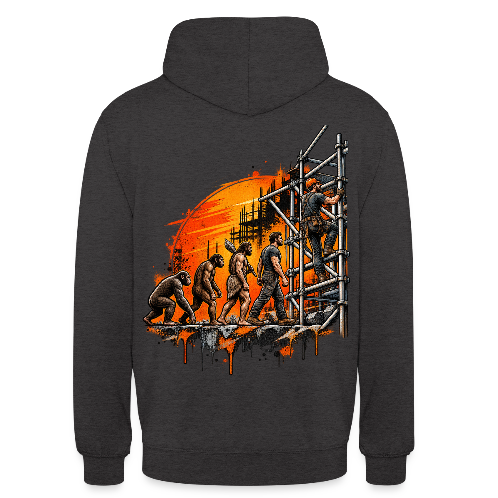 Gerüstbauer Evolution – Gerüstbauer Hoodie in Anthrazit, Rückendruck: Evolution vom Affen zum Gerüstbauer, der das Gerüst hochklettert, vor orangem Sonnenuntergang