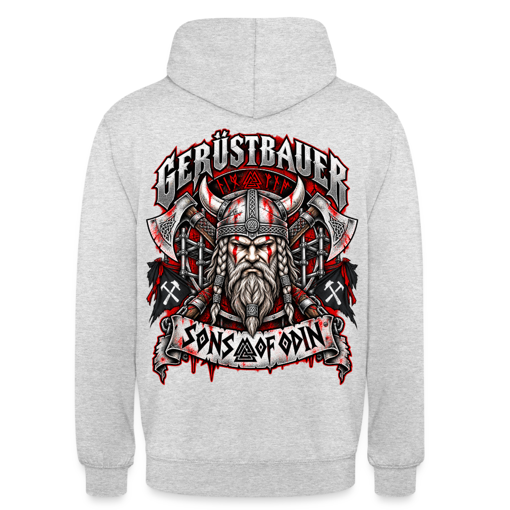 Gerüstbauer Viking – Gerüstbauer Hoodie in Hellgrau meliert, Rückendruck: Wikinger-Krieger mit Hörnerhelm und Äxten, Banner „Sons of Odin“