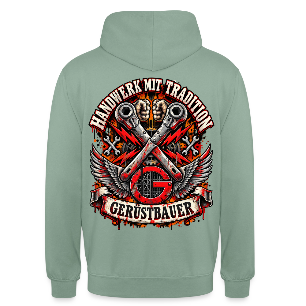 Gerüstbauer Handwerk mit Tradition – Gerüstbauer Hoodie in Graugrün, Rückendruck: gekreuzte Ratschen mit Flügeln über rotem G-Zunftzeichen, Schriftzug „Handwerk mit Tradition“ und Banner „Gerüstbauer“