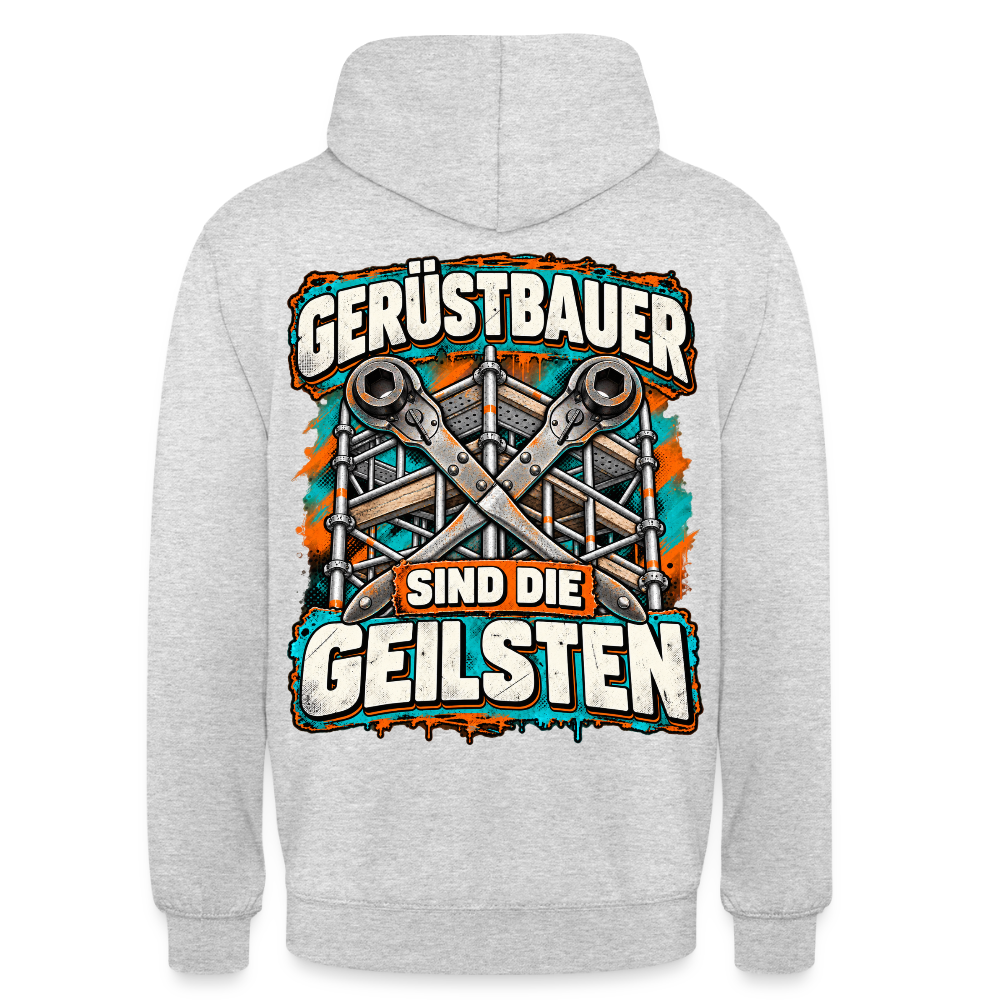 Gerüstbauer sind die Geilsten – Gerüstbauer Hoodie in Hellgrau meliert, Rückendruck: Spruch „Gerüstbauer sind die Geilsten“ mit gekreuzten Ratschen vor Gerüst