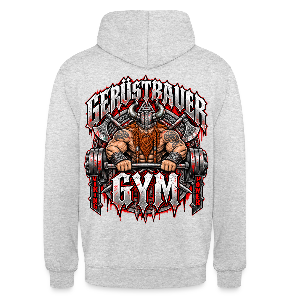 Gerüstbauer GYM – Gerüstbauer Hoodie in Hellgrau meliert, Rückendruck: muskulöser Wikinger beim Hantelheben, Schriftzug „Gerüstbauer GYM – Viking Power“