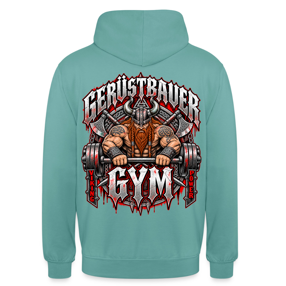 Gerüstbauer GYM – Gerüstbauer Hoodie in Pastelltürkis, Rückendruck: muskulöser Wikinger beim Hantelheben, Schriftzug „Gerüstbauer GYM – Viking Power“