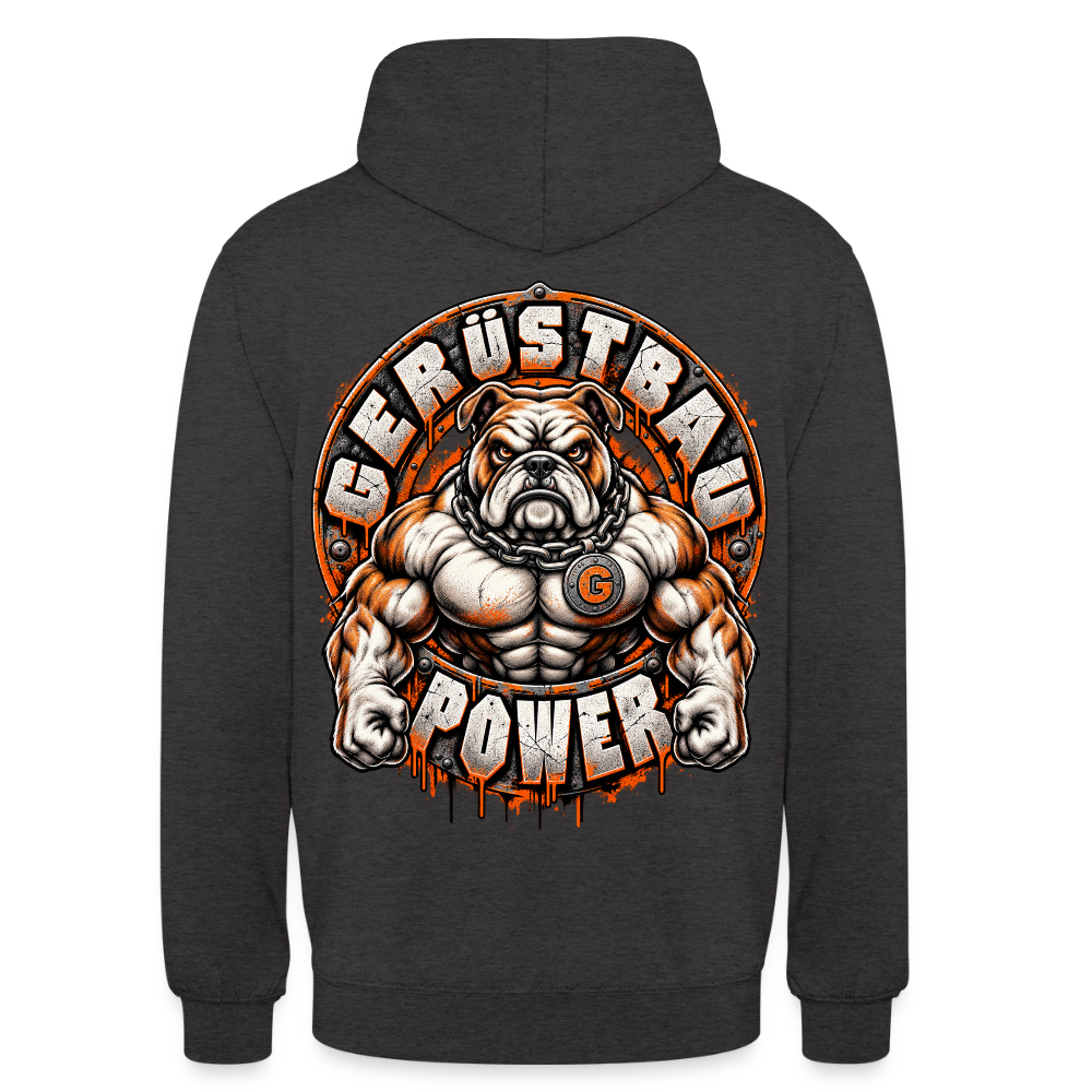 Gerüstbau Power – Gerüstbauer Hoodie in Anthrazit, Rückendruck: muskulöse Bulldogge mit Kette und G-Medaillon, Schriftzug „Gerüstbau Power“