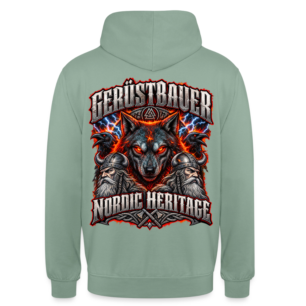 Gerüstbauer Nordic Heritage – Gerüstbauer Hoodie in Graugrün, Rückendruck: Wolf vor Flammen und Blitzen, zwei Raben, Wikinger und Schriftzug „Nordic Heritage“