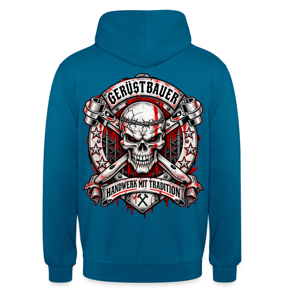 Gerüstbauer Traditions – Gerüstbauer Hoodie in Tiefseeblau, Rückendruck: Totenkopf-Wappen mit gekreuzten Ratschen, Sternen und Banner „Handwerk mit Tradition“