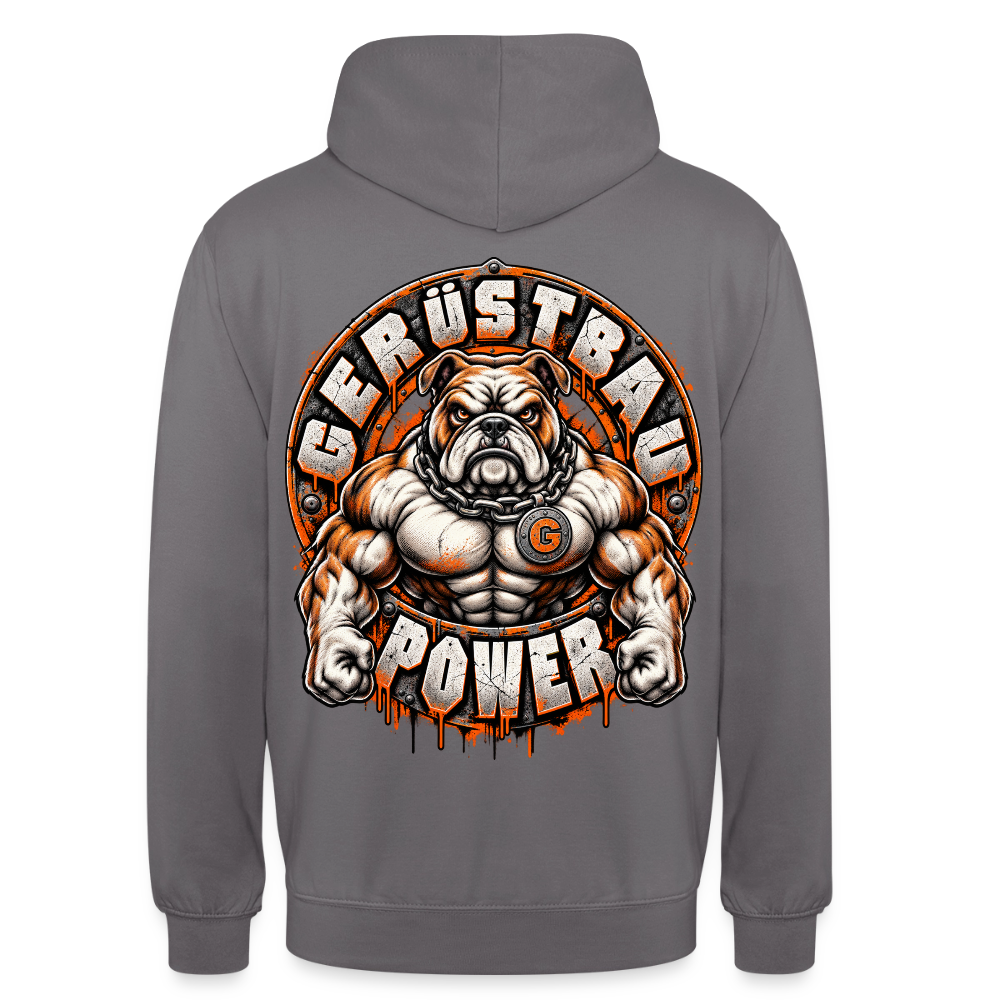 Gerüstbau Power – Gerüstbauer Hoodie in Mittelgrau, Rückendruck: muskulöse Bulldogge mit Kette und G-Medaillon, Schriftzug „Gerüstbau Power“
