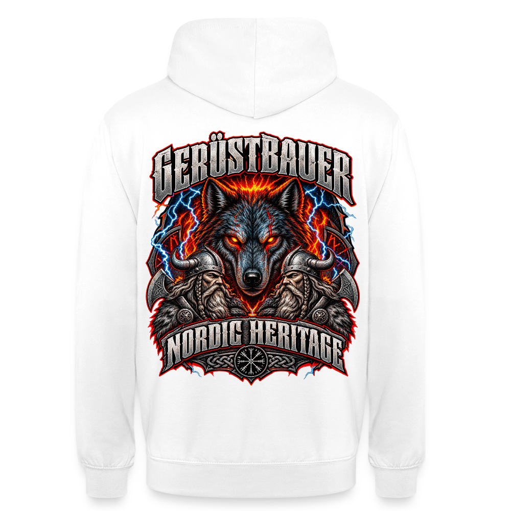 Gerüstbauer Nordic Heritage – Gerüstbauer Hoodie in Weiß, Rückendruck: Wolf mit glühenden Augen, Blitze, zwei Wikinger und Schriftzug „Nordic Heritage“