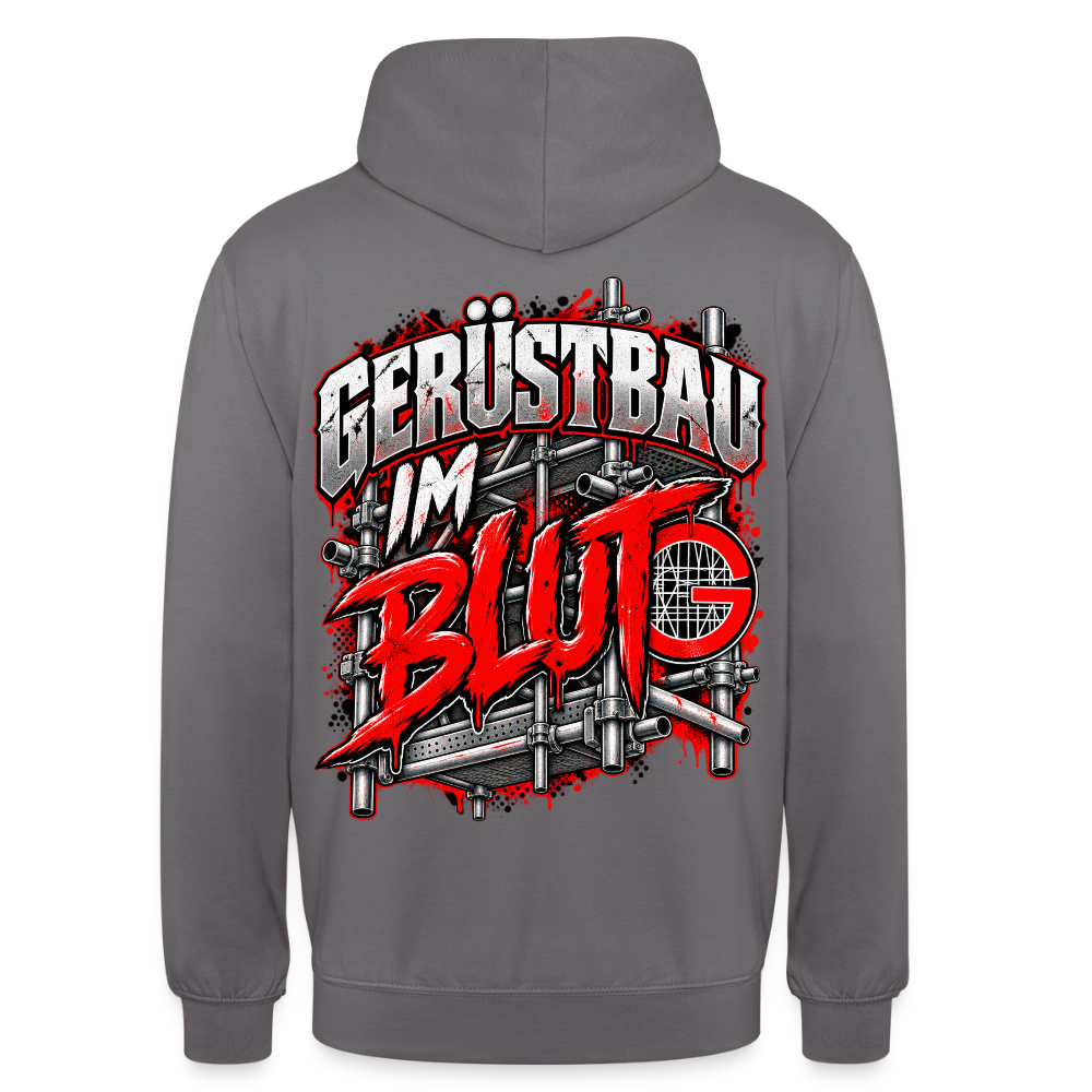 Gerüstbau im Blut – Gerüstbauer Hoodie in Mittelgrau, Rückendruck: Schriftzug „Gerüstbau im Blut“ vor Gerüst mit rotem G-Zunftzeichen