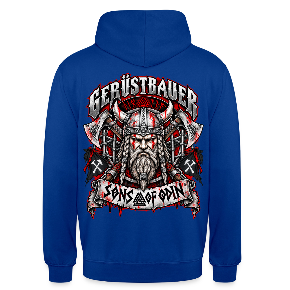 Gerüstbauer Viking – Gerüstbauer Hoodie in Royalblau, Rückendruck: Wikinger-Krieger mit Hörnerhelm und Äxten, Banner „Sons of Odin“