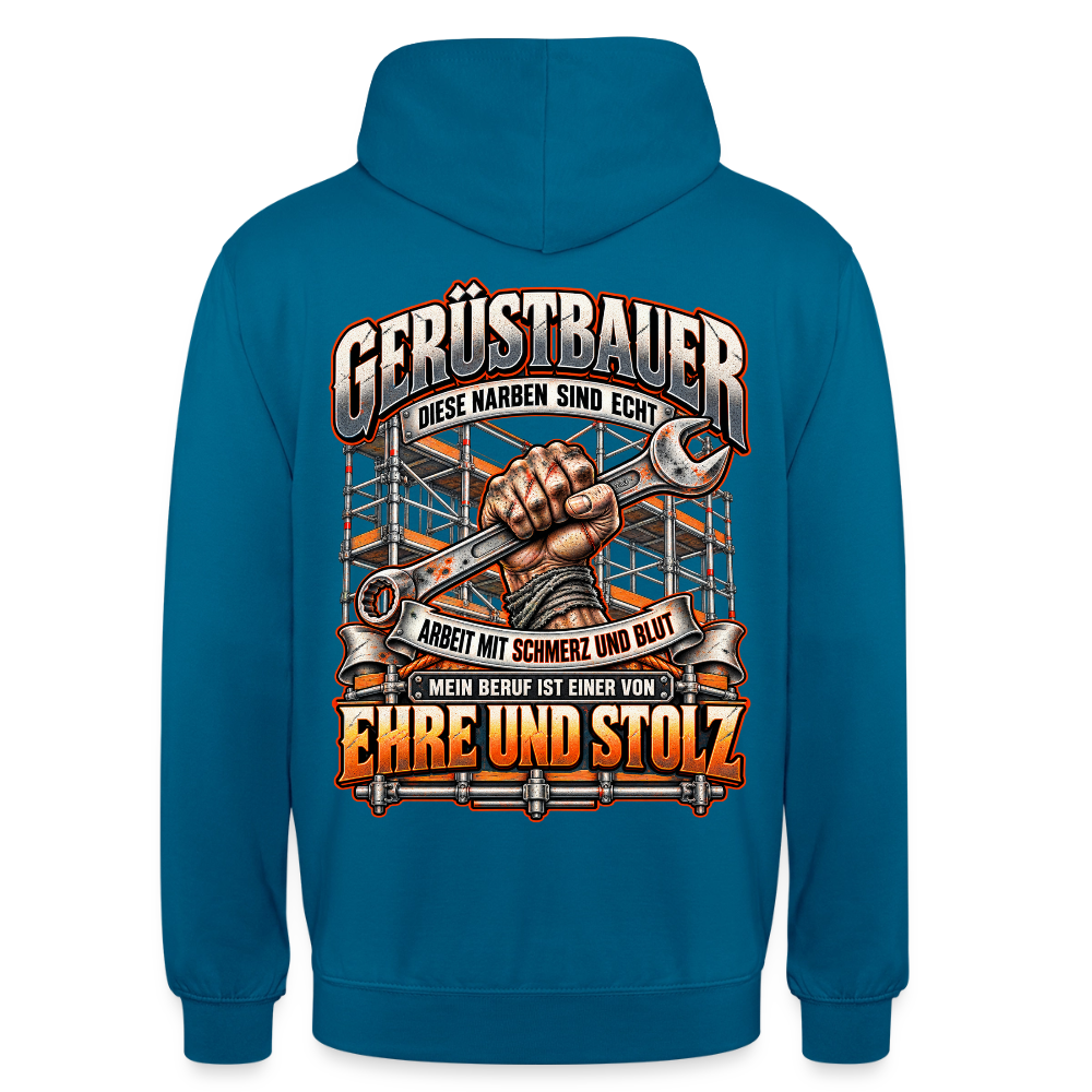 Gerüstbauer – Gerüstbauer Hoodie in Tiefseeblau, Rückendruck: Faust mit Ringschlüssel vor Gerüst, Spruch „Diese Narben sind echt – Ehre und Stolz“