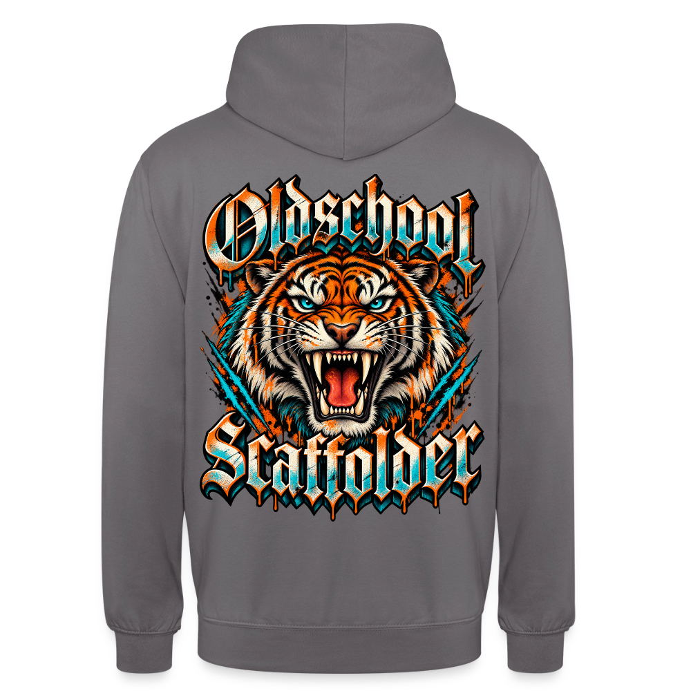 Oldschool Scaffolder – Gerüstbauer Hoodie in Mittelgrau, Rückendruck: brüllender Tiger, Frakturschrift „Oldschool Scaffolder“