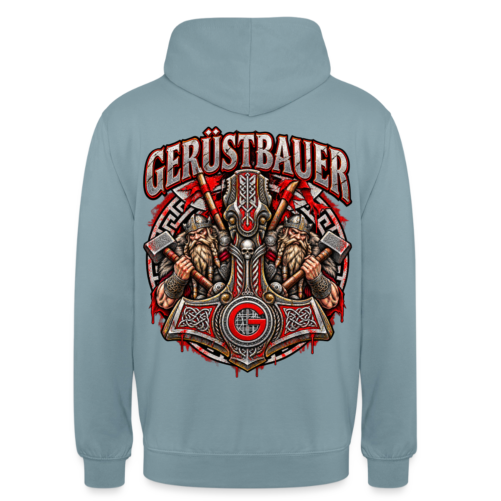 Gerüstbauer Thors Hammer – Gerüstbauer Hoodie in Nebelblau, Rückendruck: Thors Hammer mit G-Zunftzeichen und zwei Wikingern, Schriftzug „Gerüstbauer“