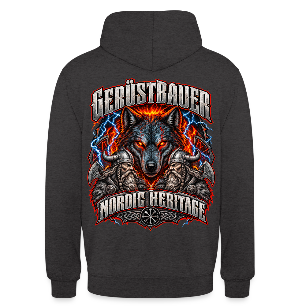 Gerüstbauer Nordic Heritage – Gerüstbauer Hoodie in Anthrazit, Rückendruck: Wolf mit glühenden Augen, Blitze, zwei Wikinger und Schriftzug „Nordic Heritage“