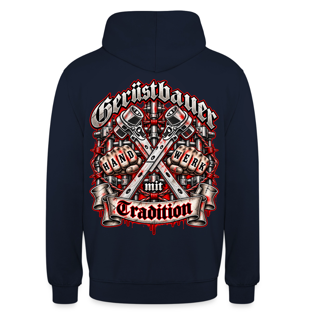 Gerüstbauer Handwerk – Gerüstbauer Hoodie in Navy, Rückendruck: Frakturschrift „Gerüstbauer“, gekreuzte Ratschen, Fäuste mit „Hand Werk“ und Banner „mit Tradition“