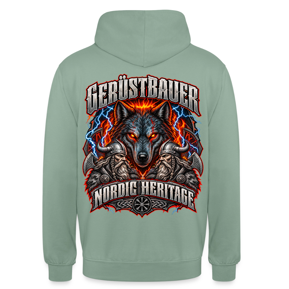 Gerüstbauer Nordic Heritage – Gerüstbauer Hoodie in Graugrün, Rückendruck: Wolf mit glühenden Augen, Blitze, zwei Wikinger und Schriftzug „Nordic Heritage“