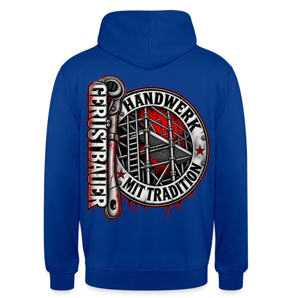 Gerüstbauer Ratsche Badge – Gerüstbauer Hoodie in Royalblau, Rückendruck: rundes Gerüst-Abzeichen „Handwerk mit Tradition“ und große Ratsche mit Schriftzug „Gerüstbauer“