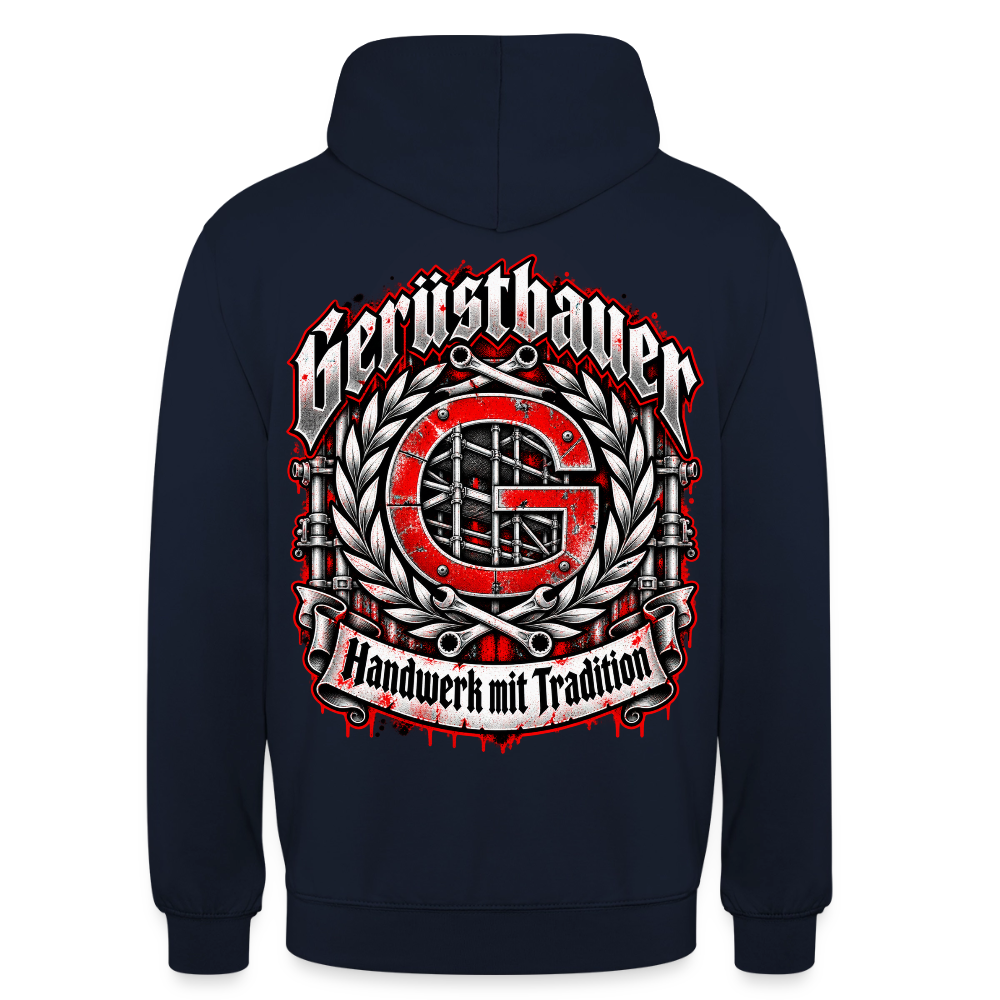 Gerüstbauer Zunft Wappen – Gerüstbauer Hoodie in Navy, Rückendruck: rotes G-Zunftwappen mit Gerüst im Lorbeerkranz, Frakturschrift „Gerüstbauer“, Banner „Handwerk mit Tradition“
