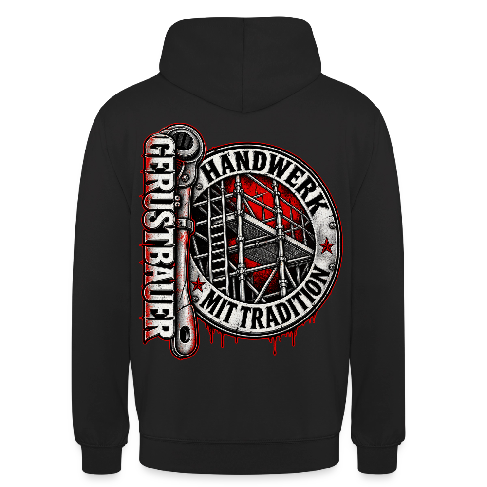 Gerüstbauer Ratsche Badge – Gerüstbauer Hoodie in Schwarz, Rückendruck: rundes Gerüst-Abzeichen „Handwerk mit Tradition“ und große Ratsche mit Schriftzug „Gerüstbauer“