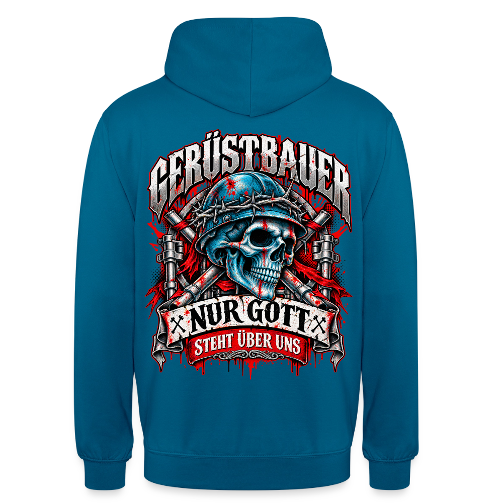 Gerüstbauer Nur Gott steht über uns – Gerüstbauer Hoodie in Tiefseeblau, Rückendruck: Totenkopf mit blauem Helm und Stacheldraht vor gekreuzten Ratschen, Banner „Nur Gott steht über uns“