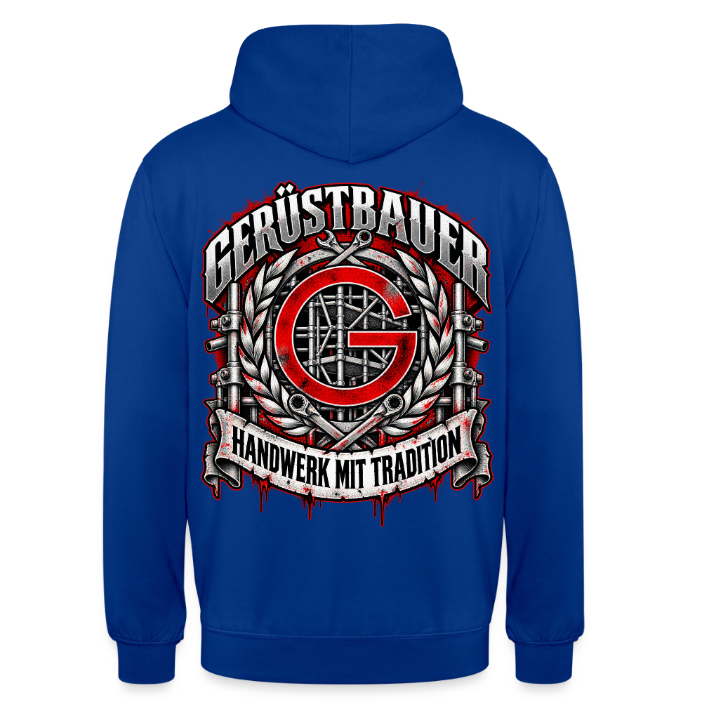 Gerüstbauer Zunftzeichen – Gerüstbauer Hoodie in Royalblau, Rückendruck: rotes G-Zunftzeichen mit Gerüst, Lorbeerkranz, Ratschen und Banner „Handwerk mit Tradition“