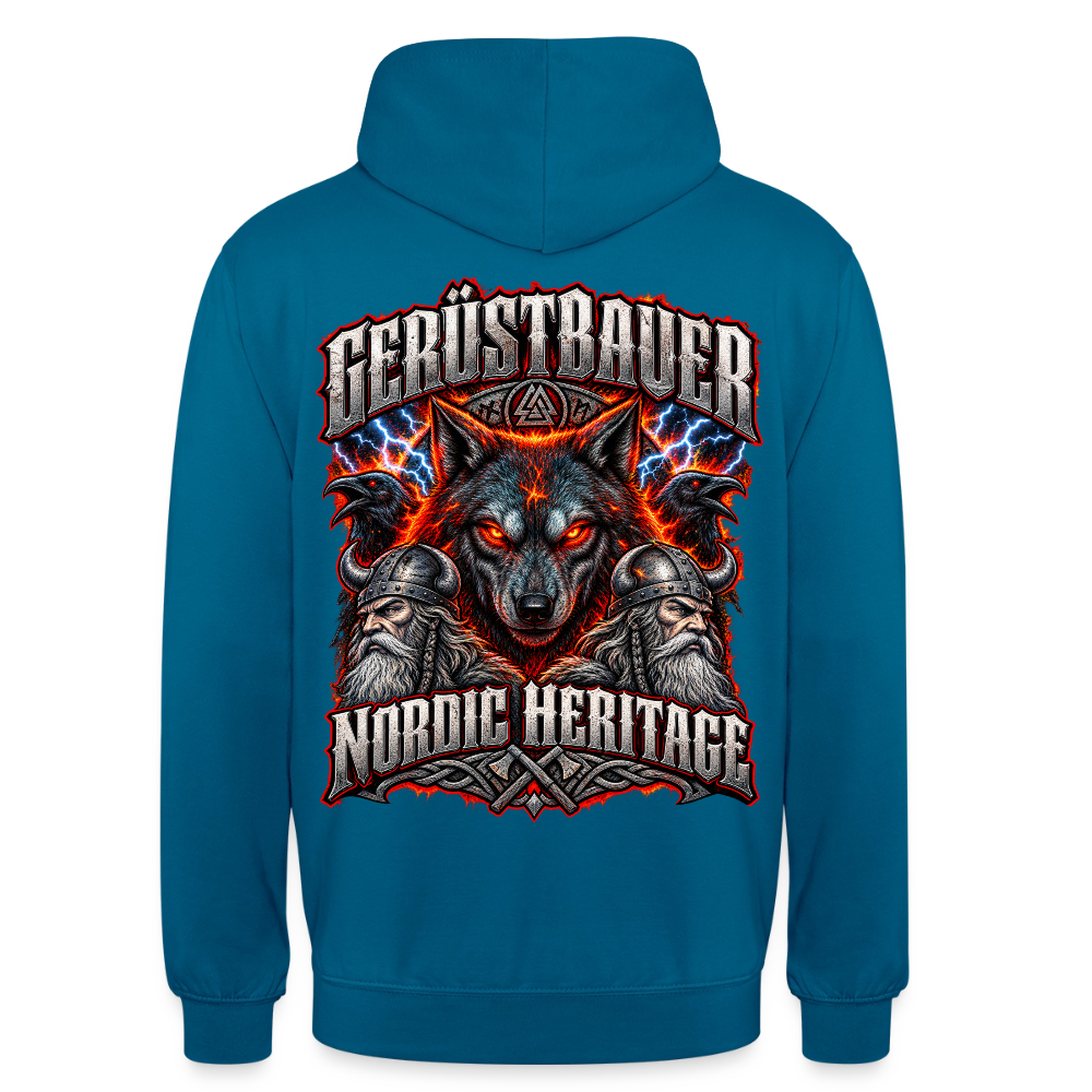 Gerüstbauer Nordic Heritage – Gerüstbauer Hoodie in Tiefseeblau, Rückendruck: Wolf vor Flammen und Blitzen, zwei Raben, Wikinger und Schriftzug „Nordic Heritage“
