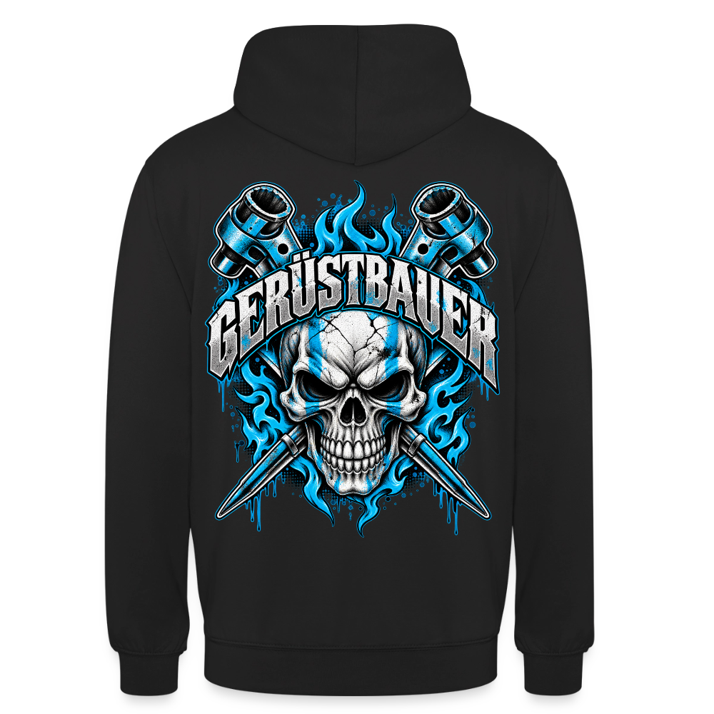 Gerüstbauer Ratsche Flamme – Gerüstbauer Hoodie in Schwarz, Rückendruck: Totenkopf mit gekreuzten Ratschen in blauen Flammen, Schriftzug „Gerüstbauer“