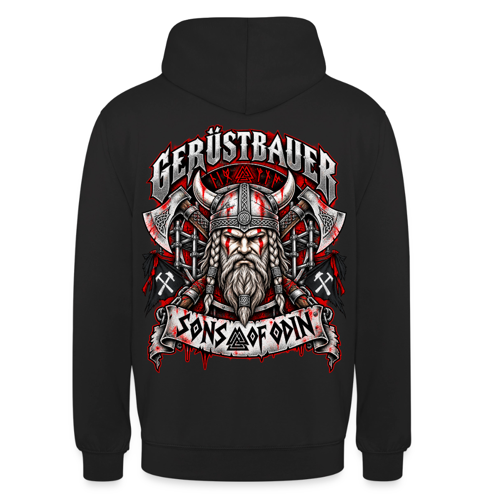 Gerüstbauer Viking – Gerüstbauer Hoodie in Schwarz, Rückendruck: Wikinger-Krieger mit Hörnerhelm und Äxten, Banner „Sons of Odin“