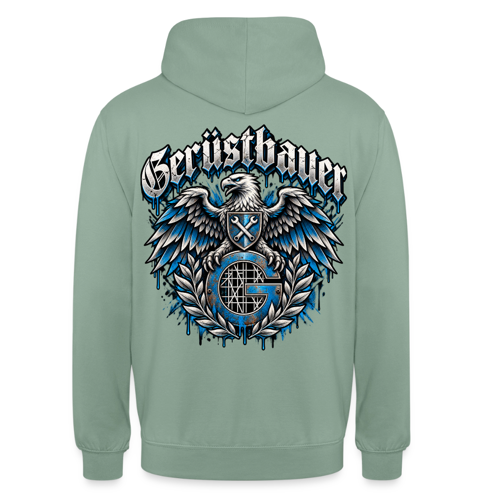 Gerüstbauer Adler Zunftwappen – Gerüstbauer Hoodie in Graugrün, Rückendruck: Adler mit Wappenschild über blauem G-Zunftzeichen und Lorbeerkranz, Frakturschrift „Gerüstbauer“