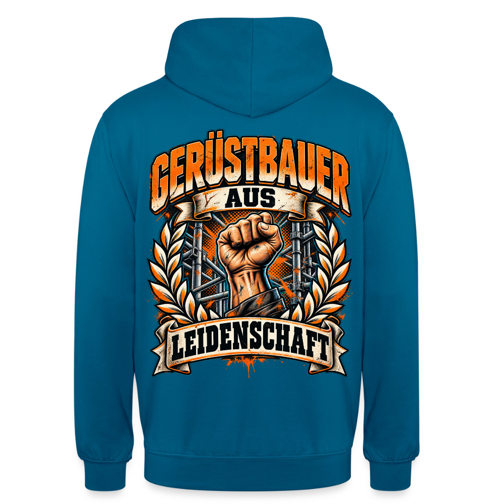 Gerüstbauer aus Leidenschaft – Gerüstbauer Hoodie in Tiefseeblau, Rückendruck: geballte Faust im Lorbeerkranz vor Gerüst, Schriftzug „Gerüstbauer aus Leidenschaft“