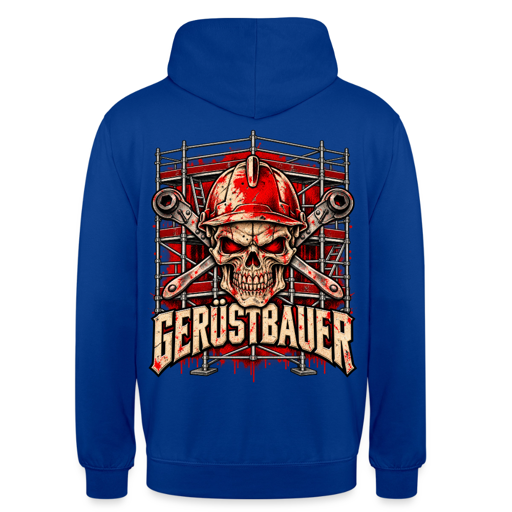 Gerüstbauer – Gerüstbauer Hoodie in Royalblau, Rückendruck: Totenkopf mit rotem Schutzhelm vor gekreuzten Ringschlüsseln und Gerüst, Schriftzug „Gerüstbauer“