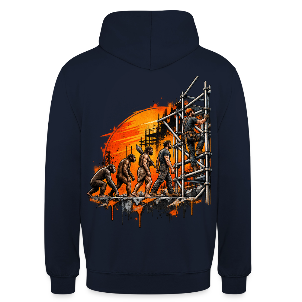 Gerüstbauer Evolution – Gerüstbauer Hoodie in Navy, Rückendruck: Evolution vom Affen zum Gerüstbauer, der das Gerüst hochklettert, vor orangem Sonnenuntergang