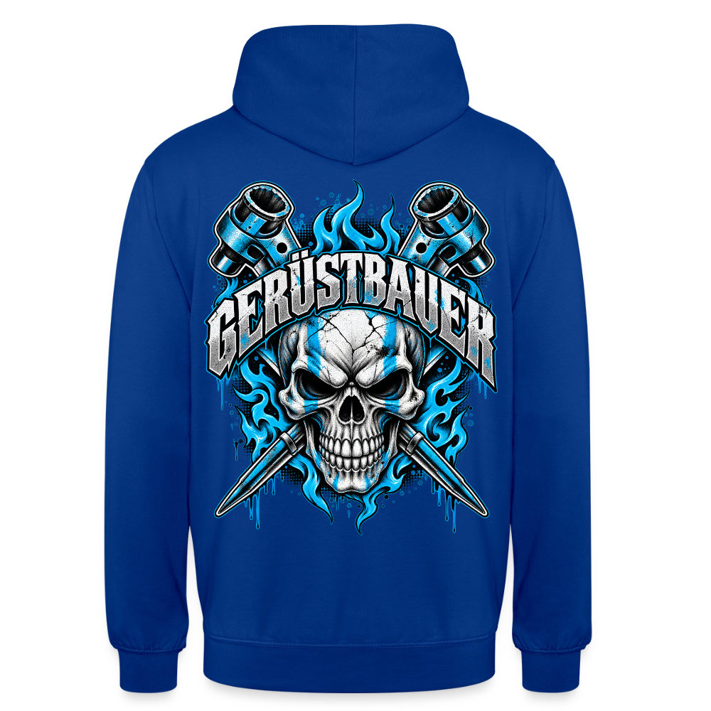 Gerüstbauer Ratsche Flamme – Gerüstbauer Hoodie in Royalblau, Rückendruck: Totenkopf mit gekreuzten Ratschen in blauen Flammen, Schriftzug „Gerüstbauer“