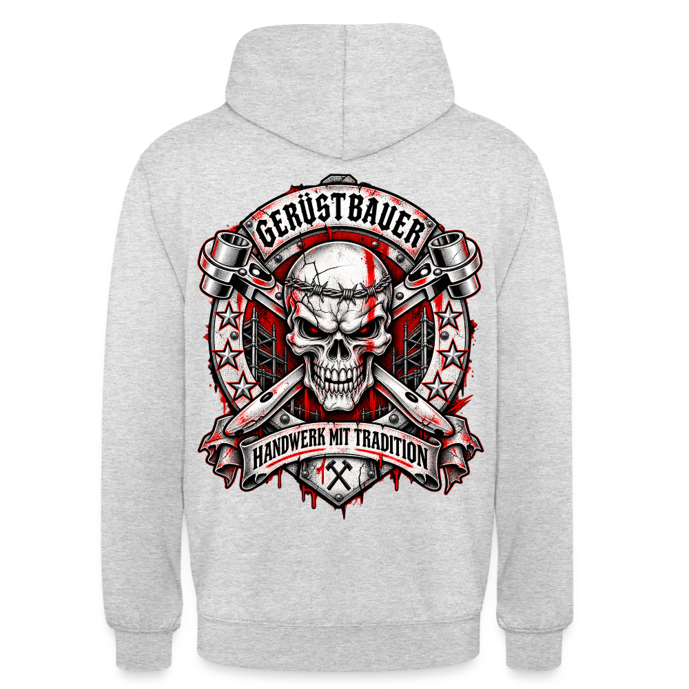 Gerüstbauer Traditions – Gerüstbauer Hoodie in Hellgrau meliert, Rückendruck: Totenkopf-Wappen mit gekreuzten Ratschen, Sternen und Banner „Handwerk mit Tradition“