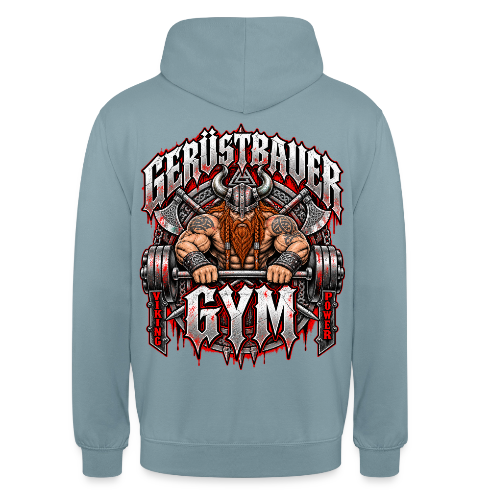 Gerüstbauer GYM – Gerüstbauer Hoodie in Nebelblau, Rückendruck: muskulöser Wikinger beim Hantelheben, Schriftzug „Gerüstbauer GYM – Viking Power“