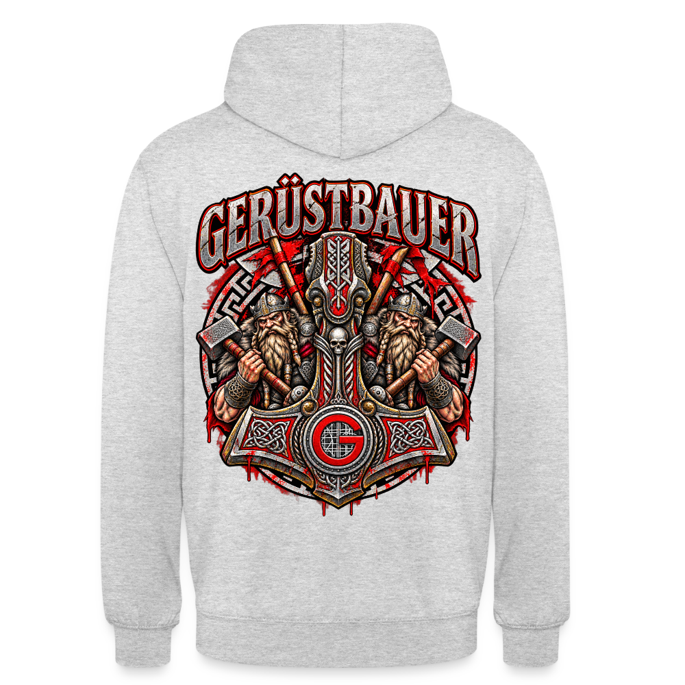 Gerüstbauer Thors Hammer – Gerüstbauer Hoodie in Hellgrau meliert, Rückendruck: Thors Hammer mit G-Zunftzeichen und zwei Wikingern, Schriftzug „Gerüstbauer“