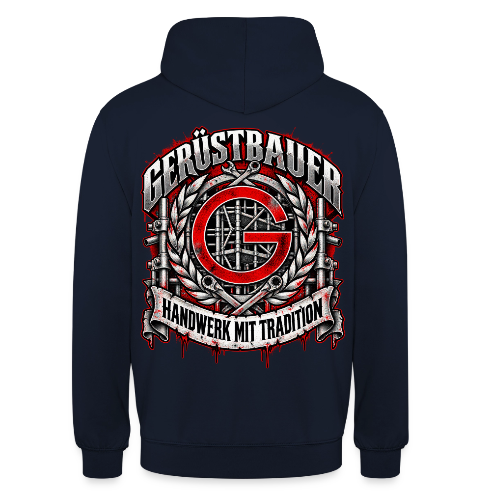 Gerüstbauer Zunftzeichen – Gerüstbauer Hoodie in Navy, Rückendruck: rotes G-Zunftzeichen mit Gerüst, Lorbeerkranz, Ratschen und Banner „Handwerk mit Tradition“